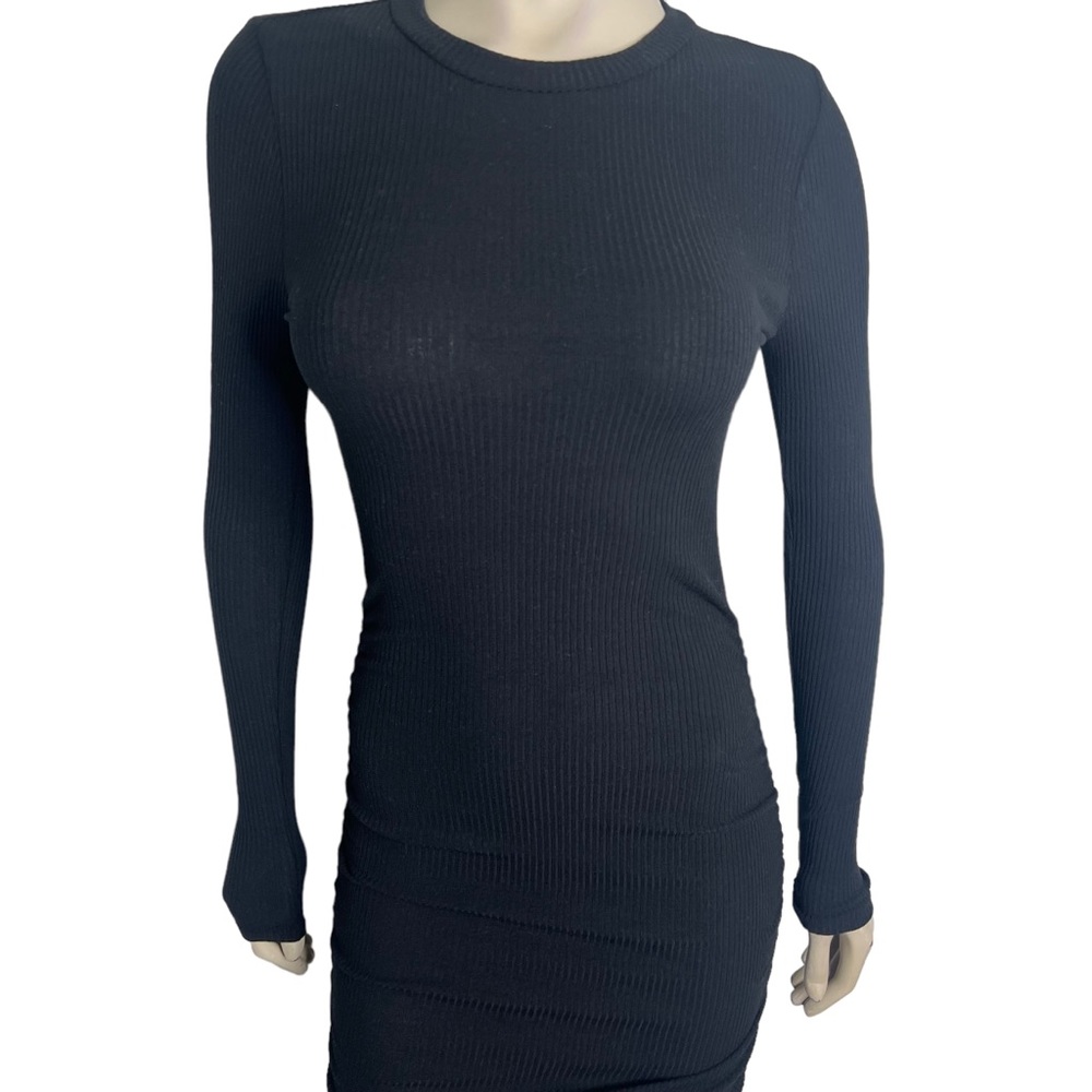 Black Ribbed Long Sleeve Side Ruched Mini Bodycon Dress - Picture 2 of 9